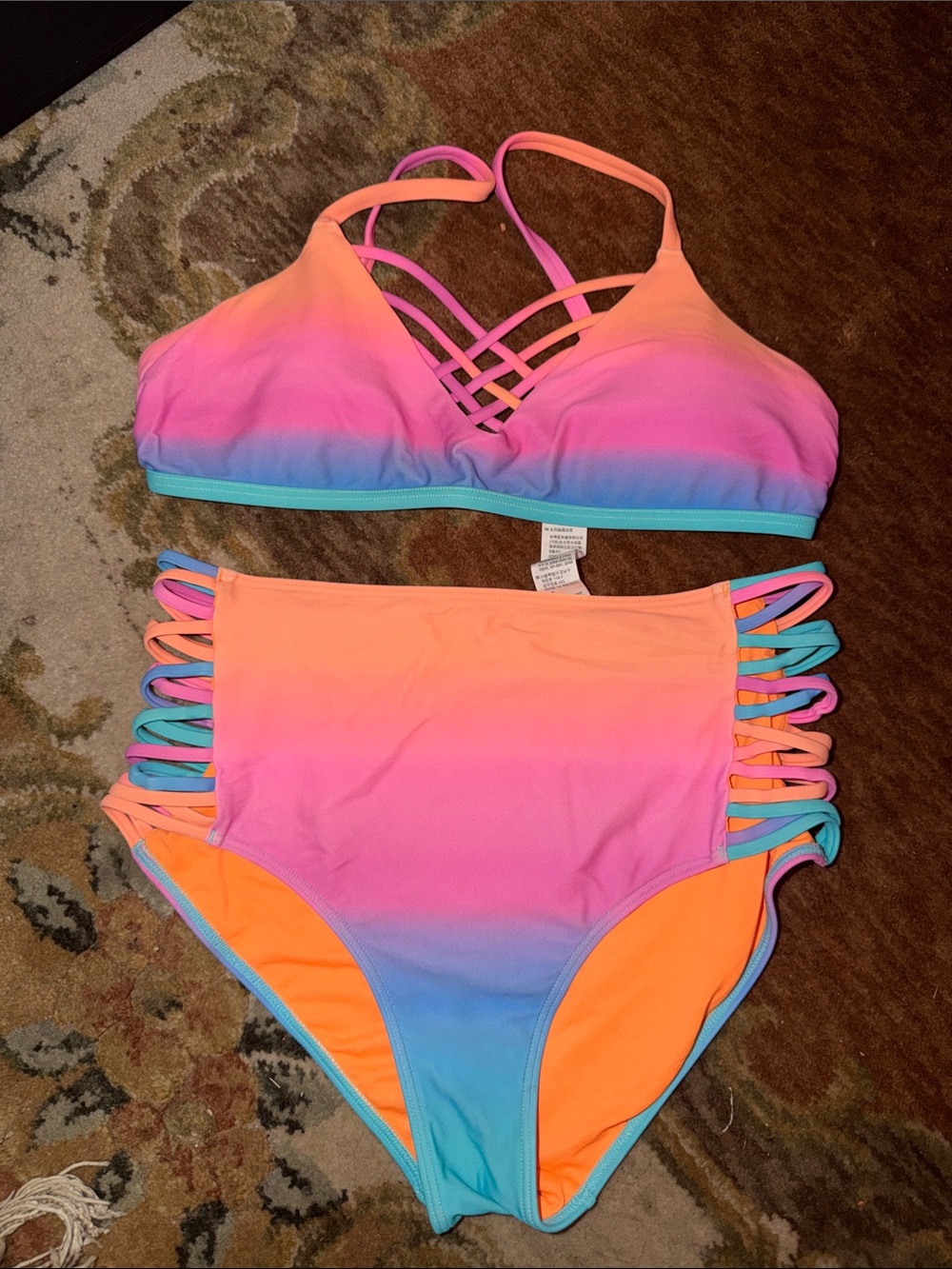 Hollister 2 pc  Rainbow Ombre High-Waist Strappy Bikini - Pink/Orange/Blue